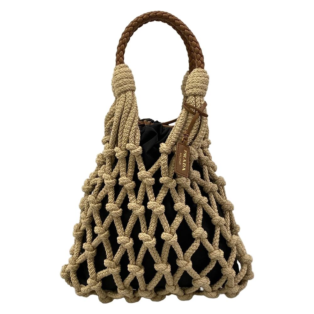 Prada Macrame Bags Handbag 1BC111 Beige Dark Brown Cotton Leather